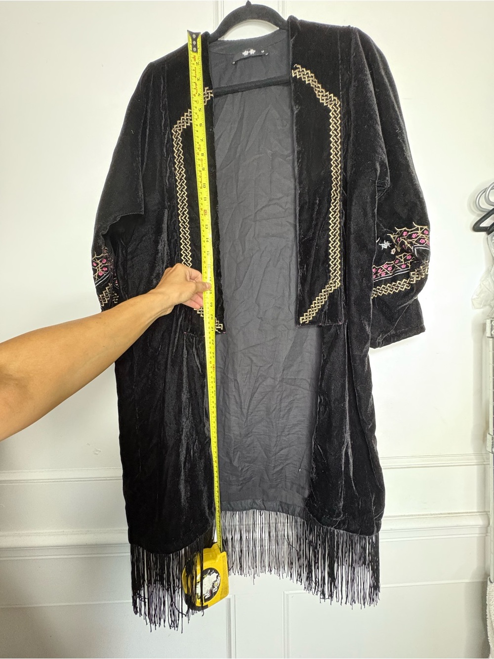 Black Velvet Embroidered Fringe Open-Front Robe - Picture 14 of 16